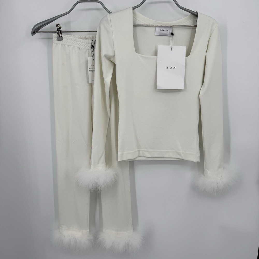 Sleeper Weekend Chic 2-Piece Pajama Set with Feather Trim size XS in White